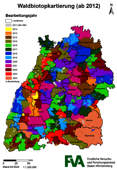Aktueller Stand (2024) der Waldbiotopkartierung nach Landkreisen