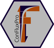 Logo des Bodengastransportmodells ConFluxPro, welches als R-Paket veröffentlicht wurde. Das Bild zeigt Flüsse, Produktionen und das Konzentrationsprofil schmetaisch in einer Wabenoptik und gibt den Namen des Modells an.