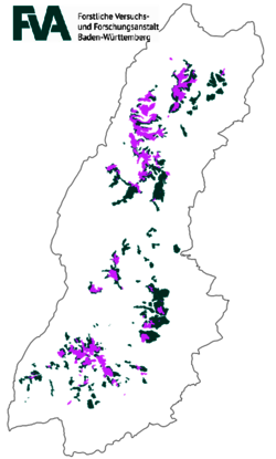 Kartendarstellung der Verkleinerung des Verbreitungsgebiets des Auerhuhns im Schwarzwald